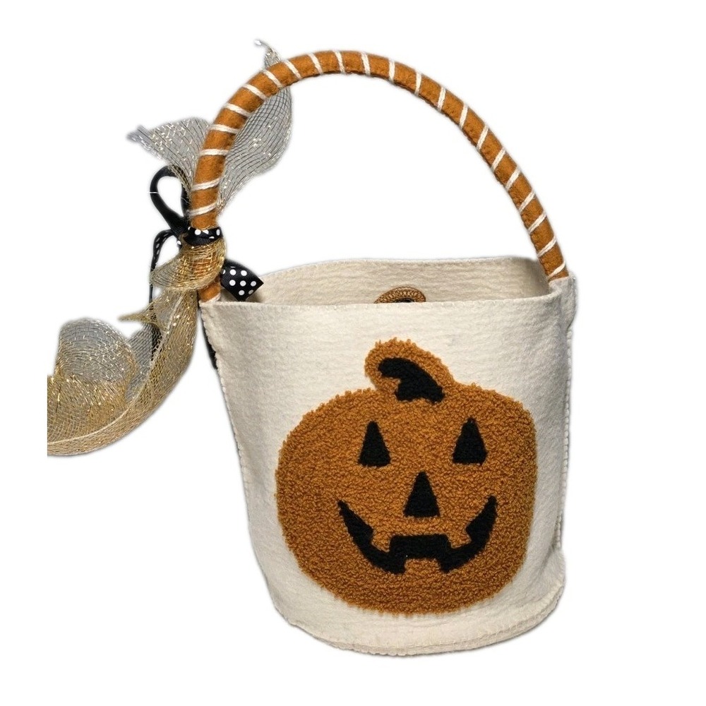 Halloween Wool Felt Jack O Lantern Pumpkin Treat Basket W/ Handle